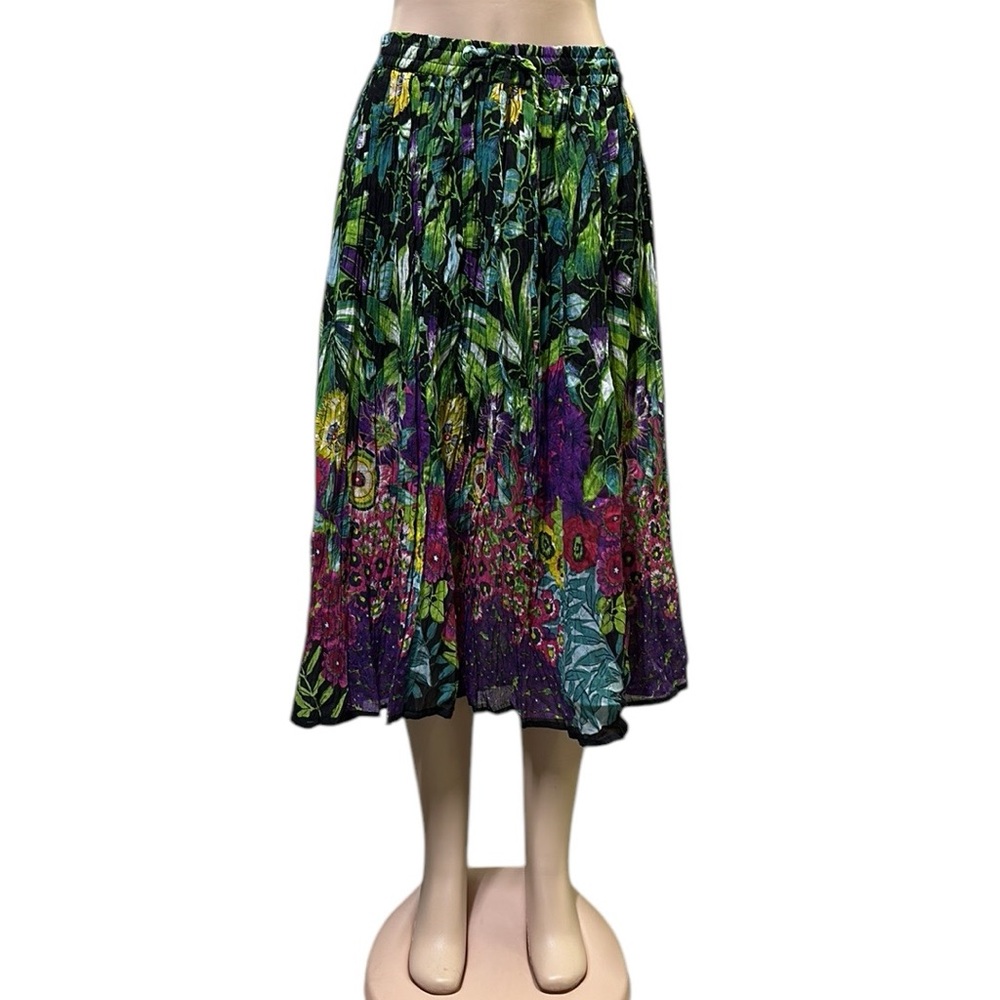 Take Two Vintage Cotton Tropical Colorful Crinkle Midi Skirt Petite Medium